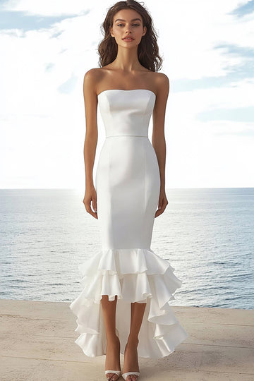 Ivory Strapless Stain High-Low Engagement Dress with Ruffles